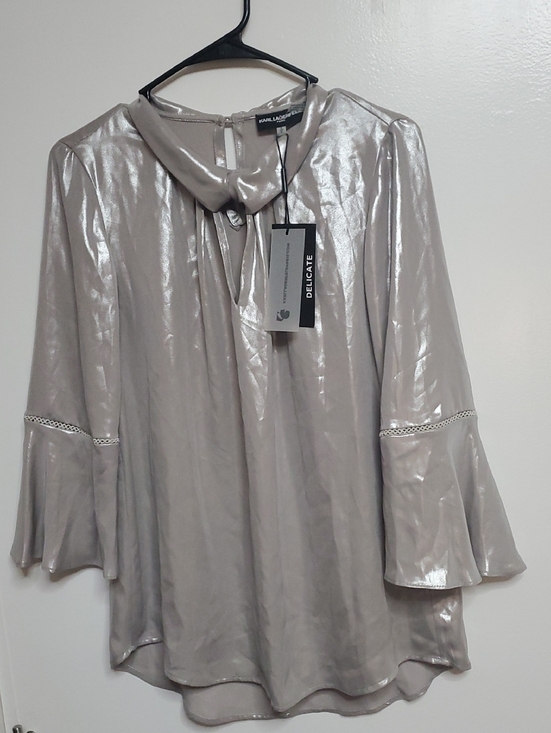Karl Lagerfeld Tops - Karl Lagerfeld Silver Metallic Tie-Neck Bell Sleeve Blouse